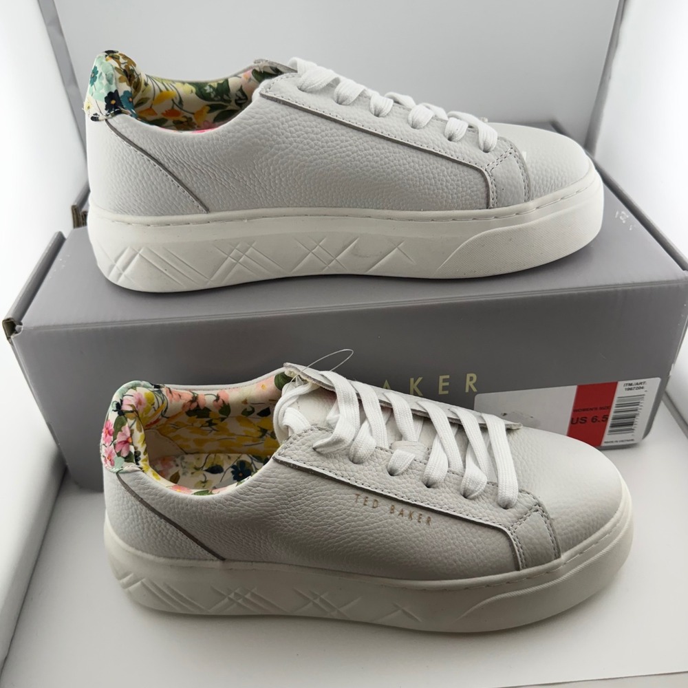 Ted Baker White Leather Platform Sneakers Women 6.5 Floral 1967204 Excellent - Picture 2 of 9